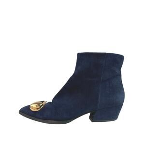 Stella Luna Blue Suede Leather Pointed Toe Gold Accent Zip Ankle Boots 37 US 6.5